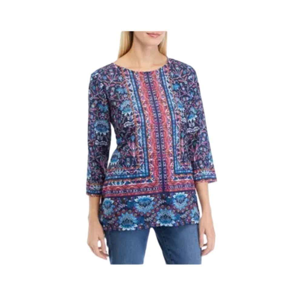 Ruby Rd Border Print Burnout Top With Shark Bite Hem NWT Size
